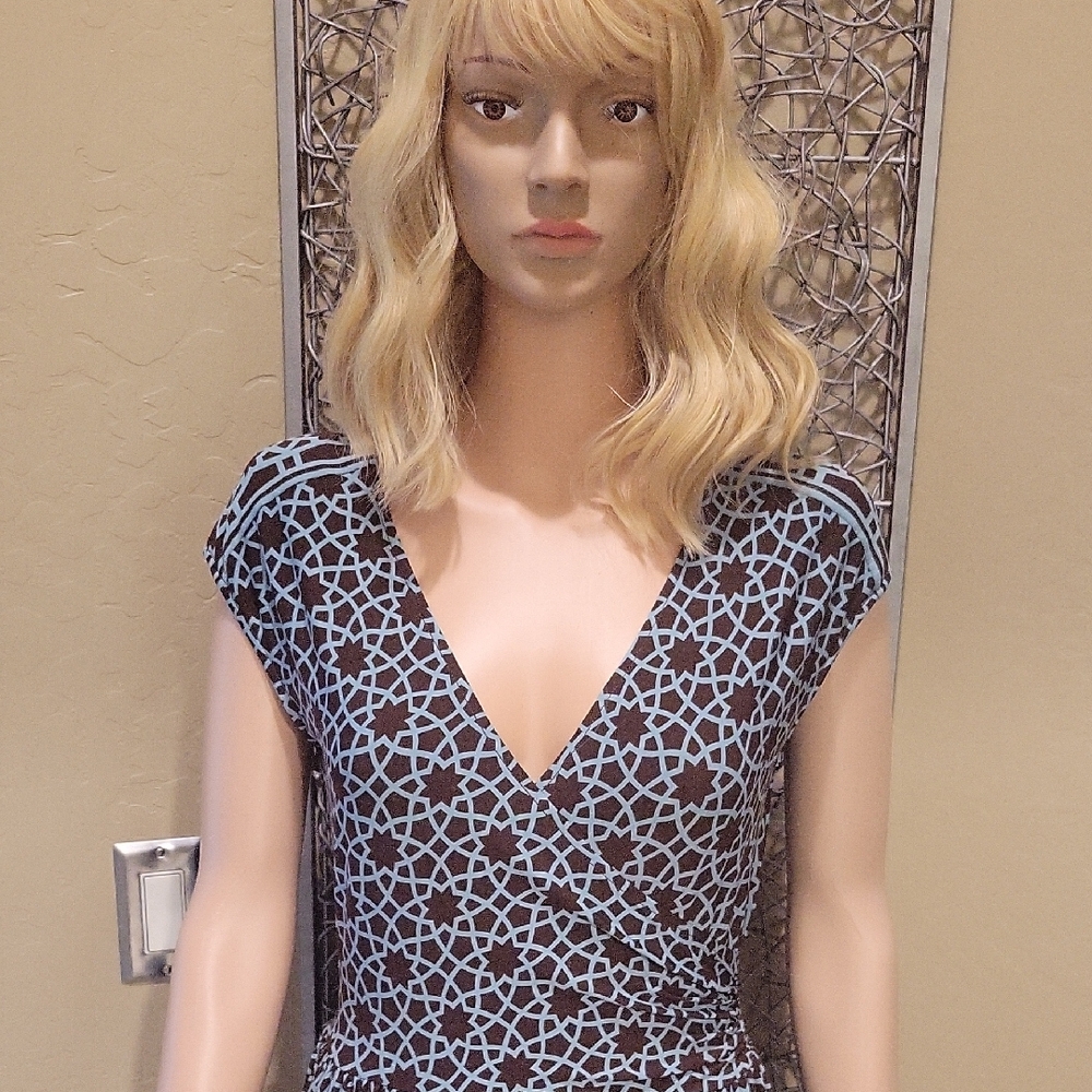 Maggy London Brown And Teal Full Skirt Cap Sleeve Faux Wrap Dress - Picture 2 of 6